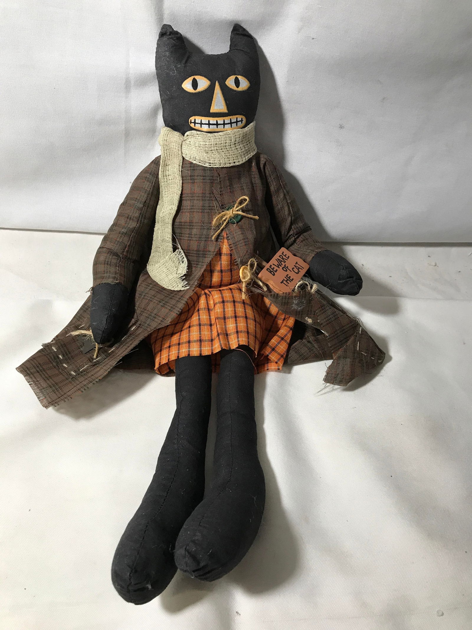 Halloween Stuffed Fabric Black Smiling Cat: Shelf sitter primitive style 20 inches great shape