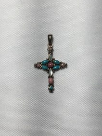 Sterling Cross Charm w/ Multi-Color Stones