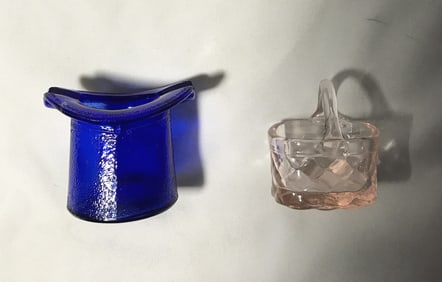Pink Depression Glass Basket & Cobalt Blue Top Hat