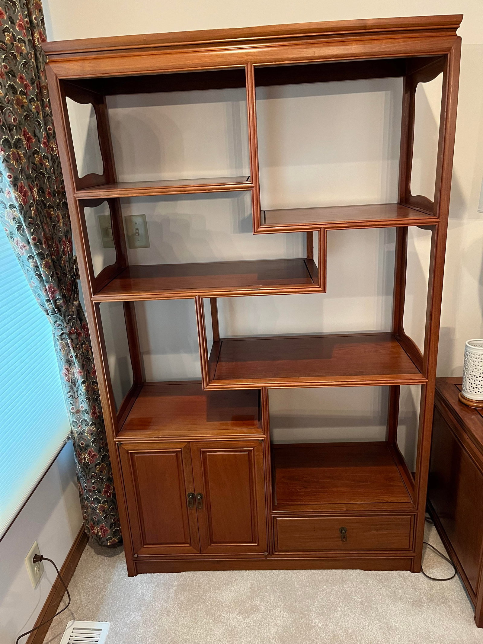 Asymmetrical Book Shelf - Sturdy & Good Condition: Measures 68 1/2 inches tall by 40 inches wide by 15 3/4 inches depth