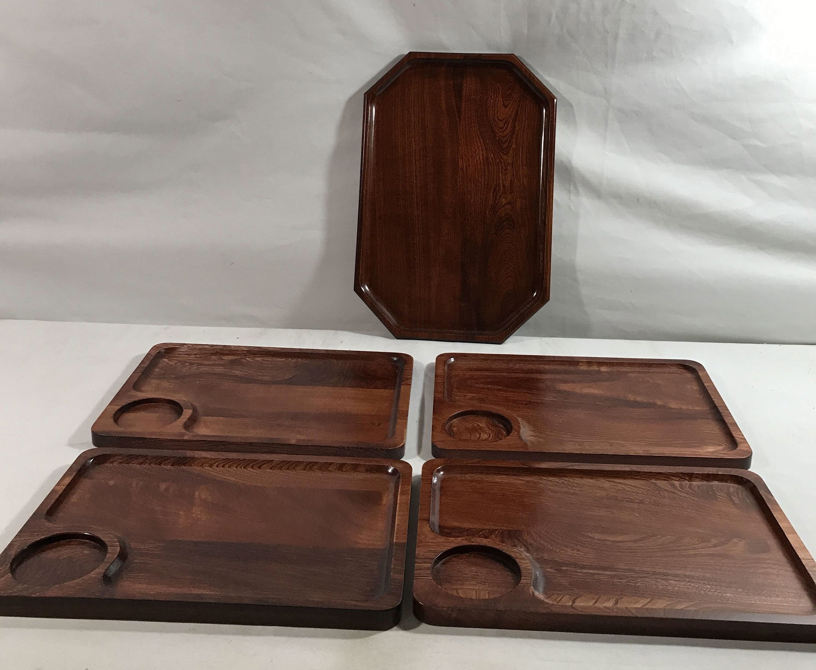 Wooden Teak Snack Trays with Beverage Holder: ,measure 13 x 9 each ,also one teak wood serving tray which measures 10 1/2 x 15 3/4