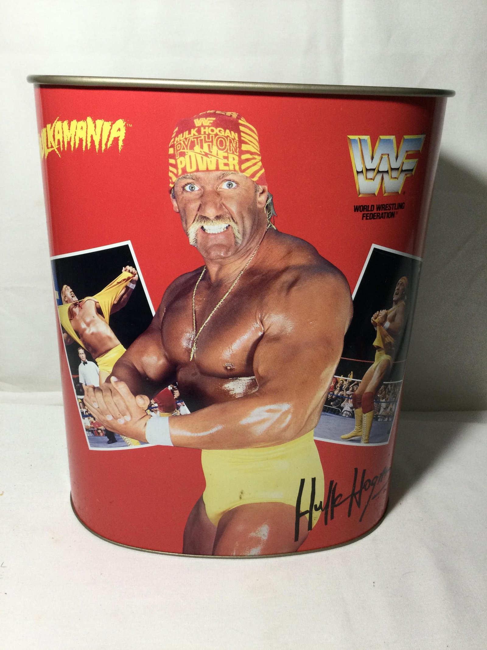 WWF Metal Waste Basket featuring Hulk Hogan &: The Ultimate Warrior ,Metal and measuring 13 inches tall