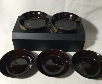 Black Lacquer Finger Bowls Set of 5 w/ Wood Box