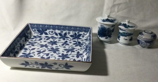 Blue and white porcelain serving dish & jars