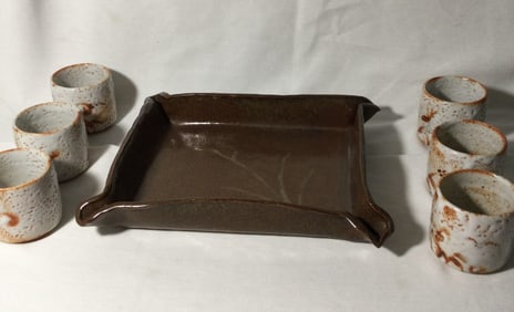 Oriental Pottery Serving Tray w/ Stoneware Cups