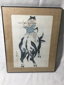 Vntg Oriental Painting Flute Boy on Water Buffalo