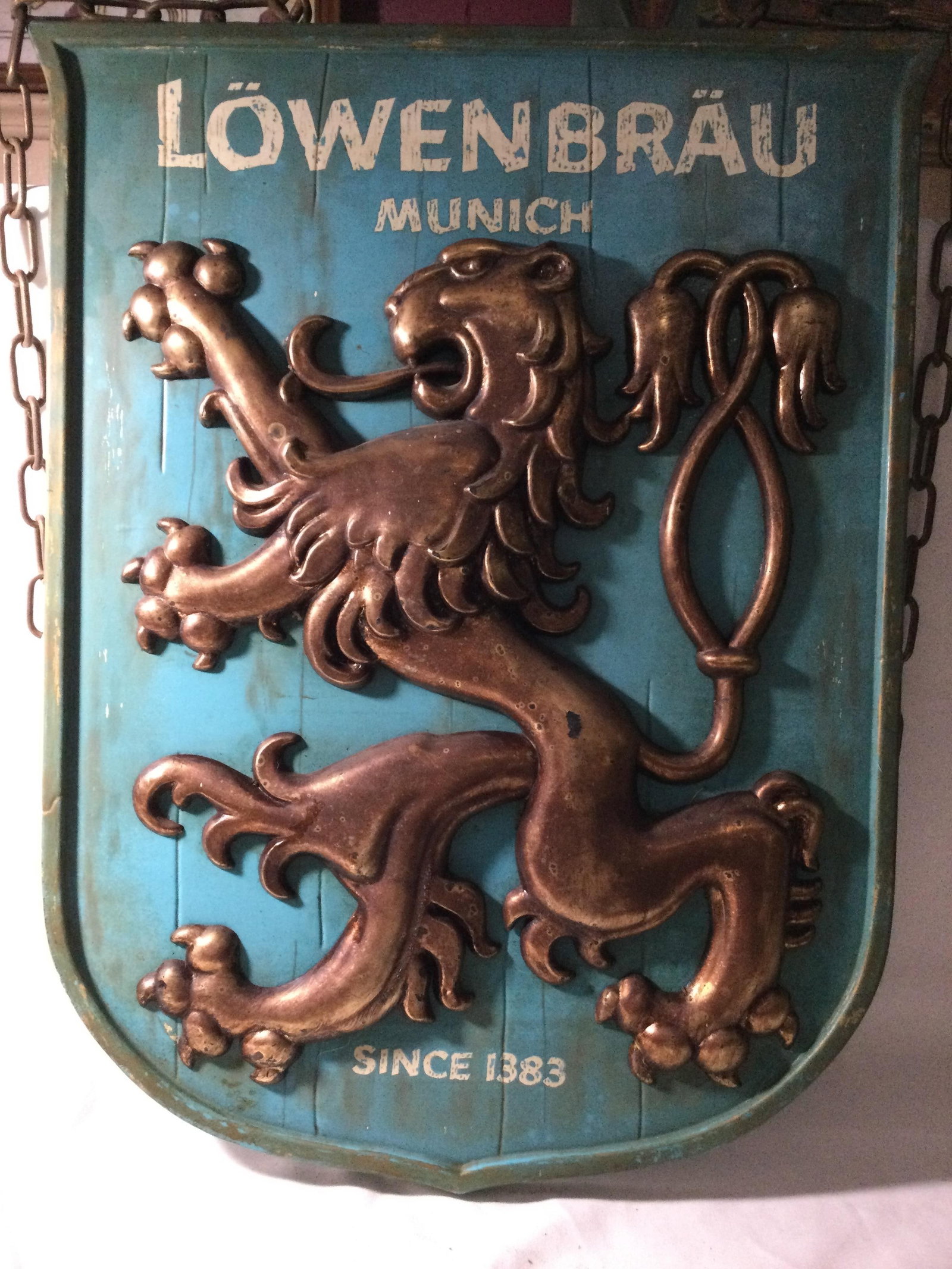 Vintage Lowenbrau Munich Hanging Beer Sign: Measures 16 By 21 1/2 inches