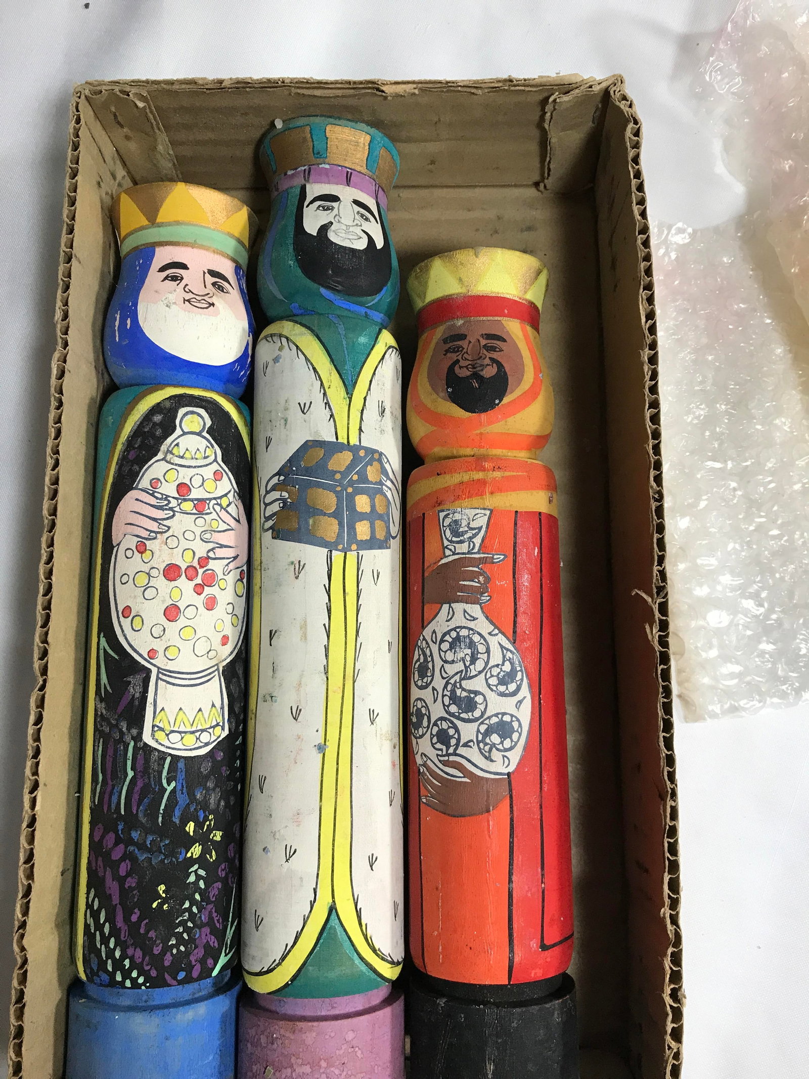 Vintage Three Kings Wood Candle Set Japanese: Comes with original candles in original box, tallest king measures 11 inches tall