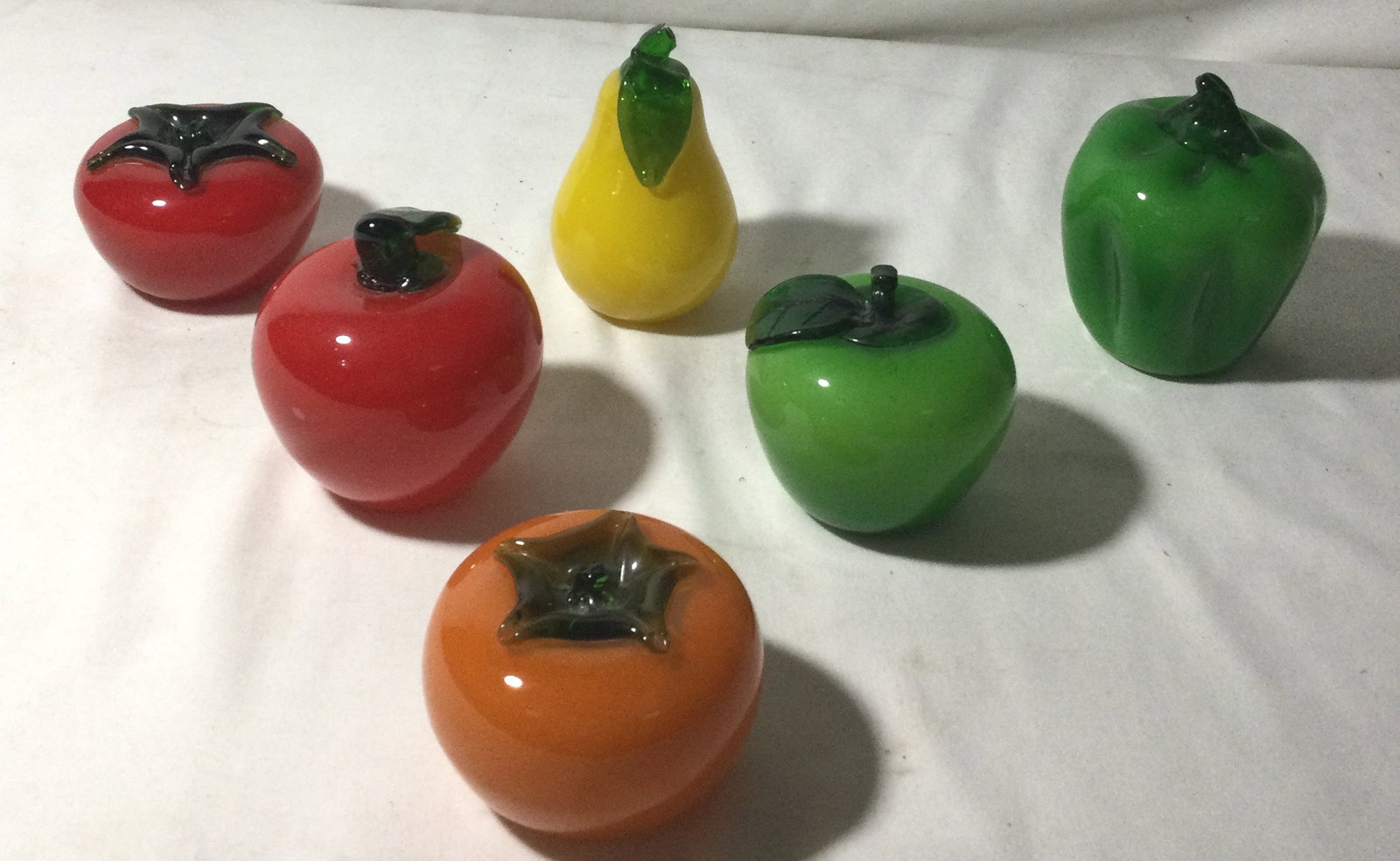 Glass Fruit & Vegetable Collection: For Display Purposes! Includes two tomatoes ,two apples ,one pear and one green pepper ,green pepper and pear are tallest at 4 1/2 inches
