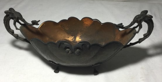 Baroque Hammered Copper Scalloped Bowl w/ Dragon