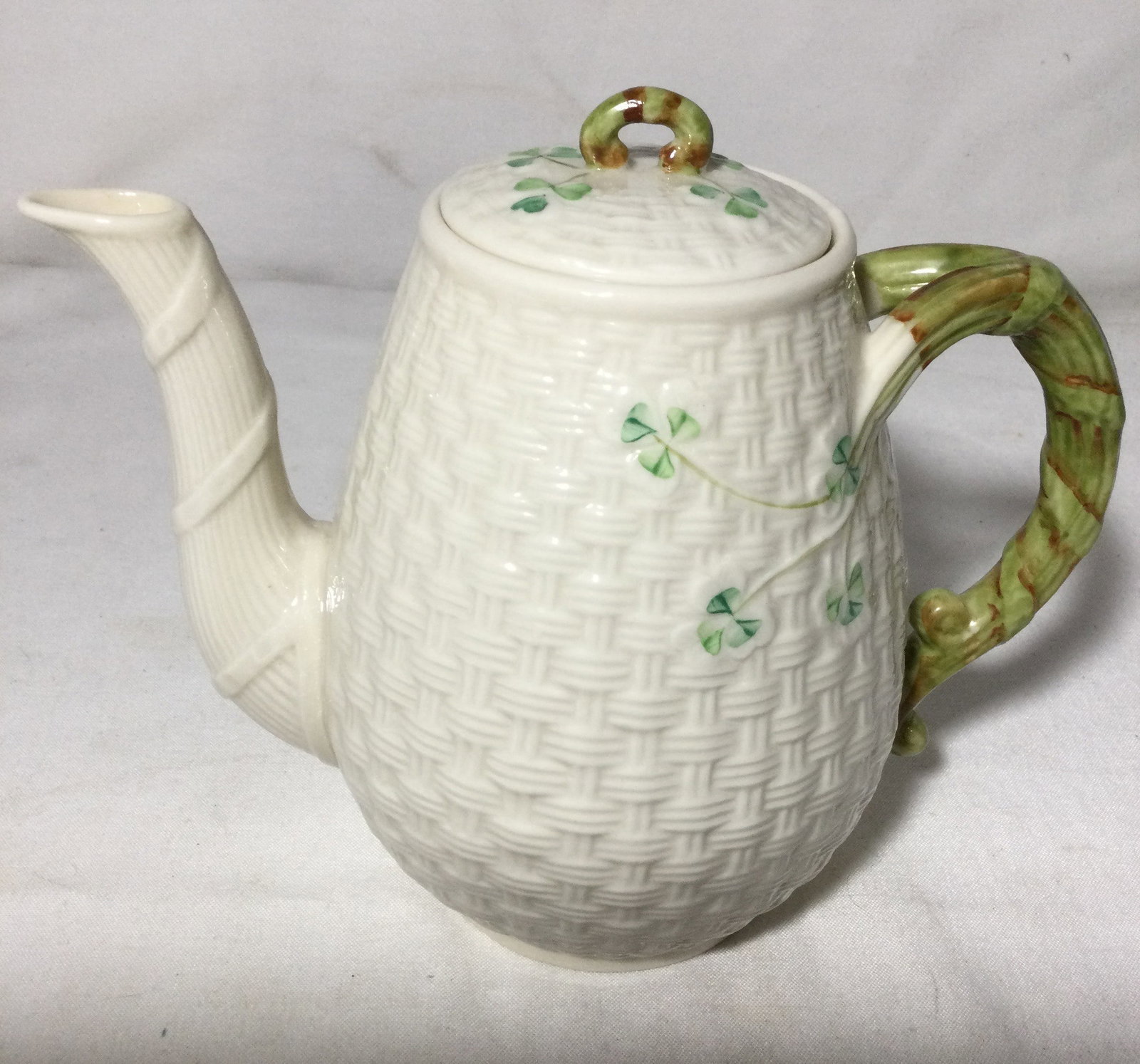 BELLEEK Irish Porcelain Classic Shamrock Teapot: Basket weave Teapot/Coffee pot, Measures 7 inches tall and 3 inches at the base. No chips or cracks