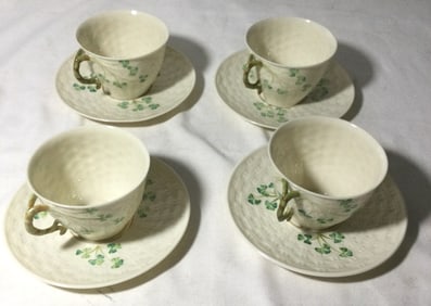 Vintage Irish Shamrock Belleek Basket Weave Cups &