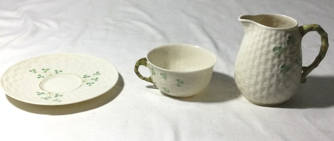 Belleek Shamrock Milk Pitcher w/ Cup & Saucer