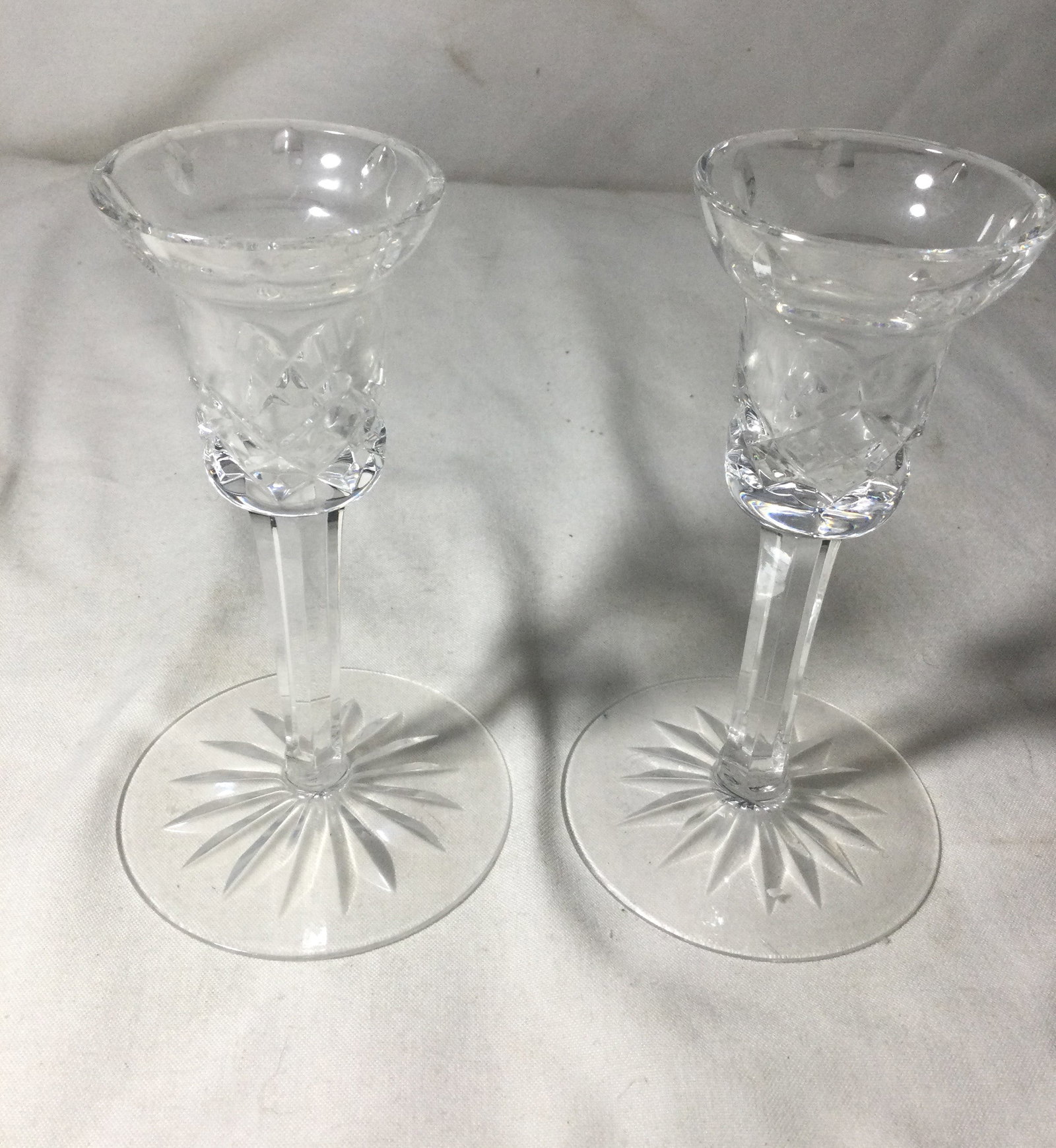Waterford Crystal Candle Holders (Pair): Each is 5 1/2 inches tall.