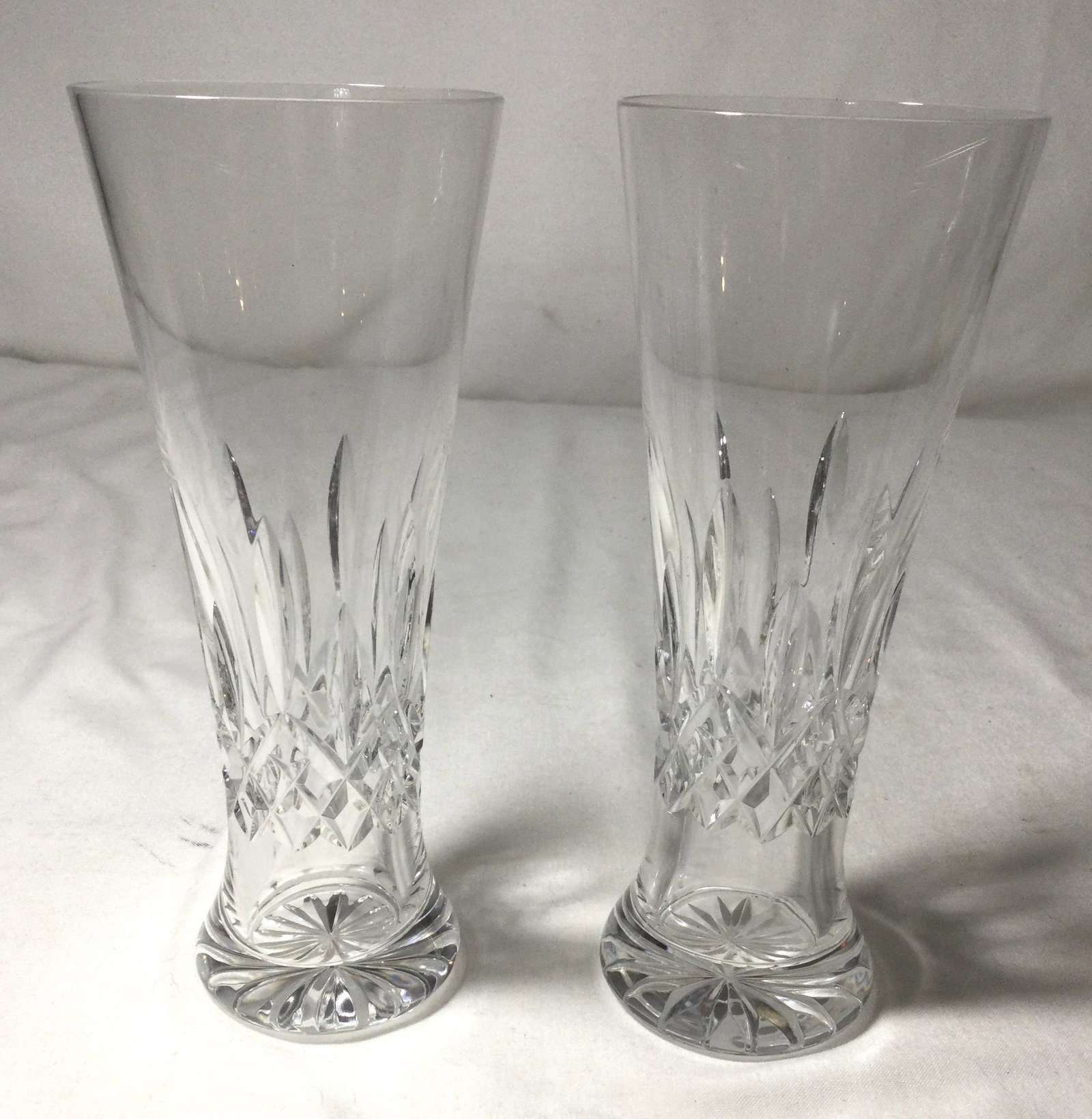 Waterford LISMORE Pilsner Glasses (Pair): Slender tapered shape with diamond and wedge cuts find crystal measures 8 1/2 inches tall