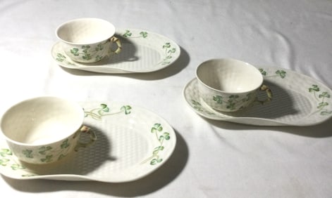 Belleek Shamrock Basket Weave Snack Plates & Cups