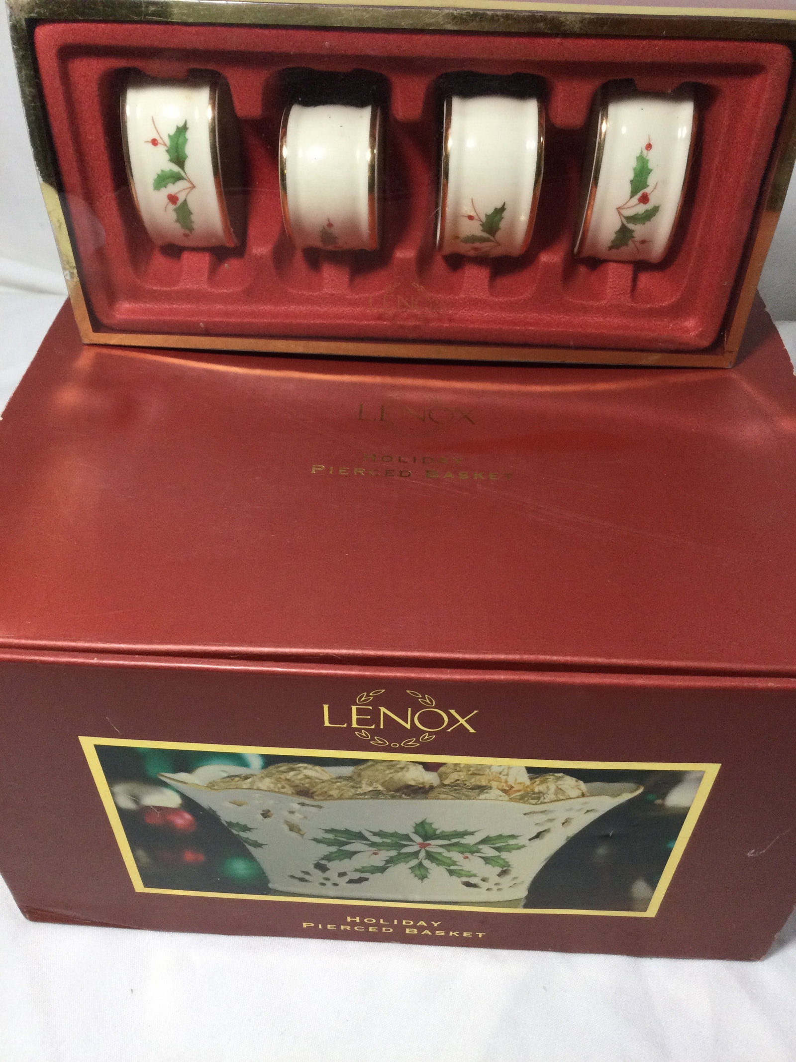 Lenox Holiday Napkin Rings & Pierced Basket: Lenox holiday pierced basket.Basket measures 4 inches high by 8 inches wide and 6 inches deep