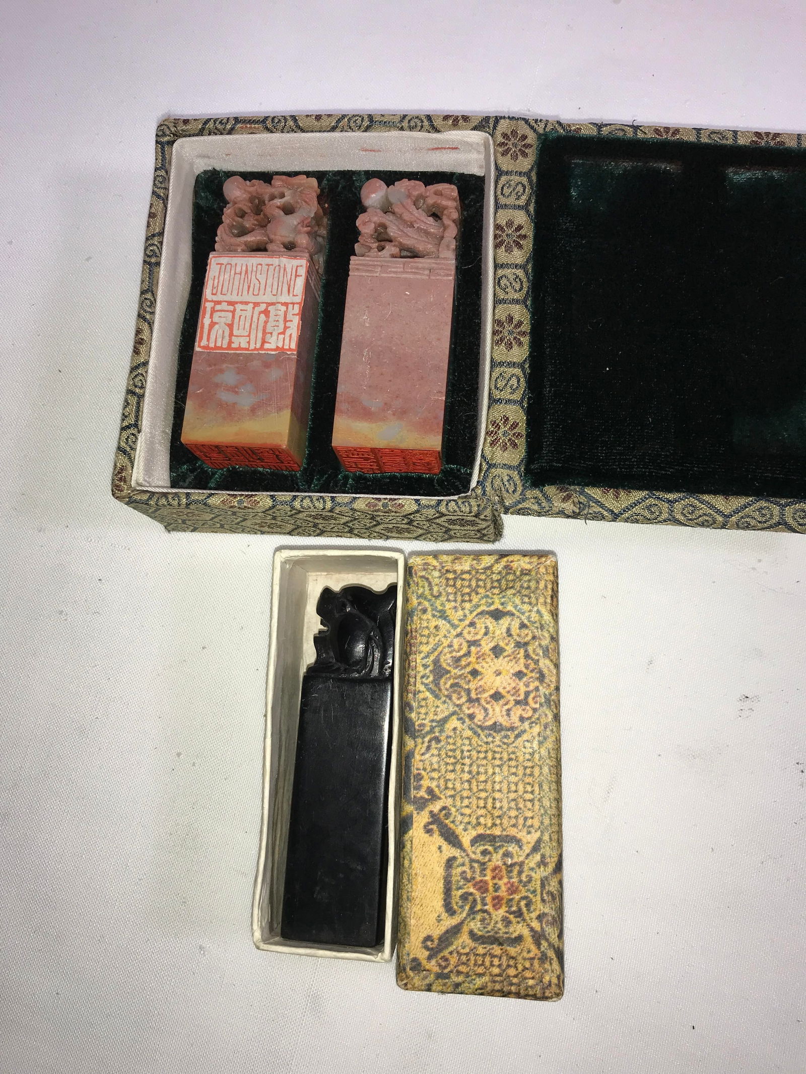 Chinese Shousha Stone Stamp Staues (3): In Original boxes, each stamp measures approximately 3 inches tall