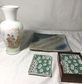 Asian Motif Vase & Serving Dishes