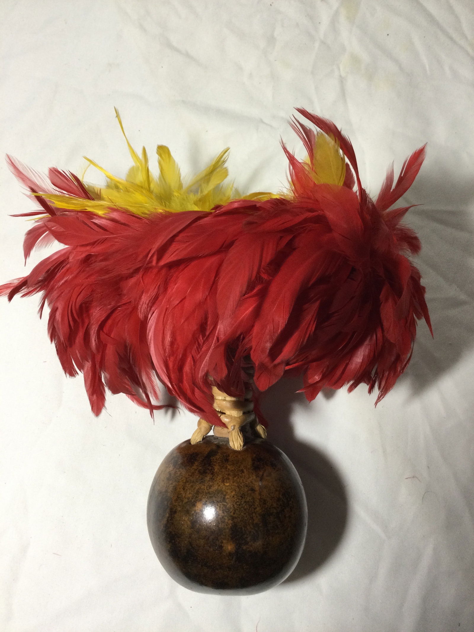 Uli Uli Hula Dance Hawaiian Gord Rattle: Used in traditional and modern hula dances features a handle and a decorative top of red and yellow feathers