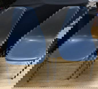 Mid Century Modern Douglas Fiberglass Shell Chairs: Pair, Molded Fiberglass Side Chair 4-Leg Base, chairs are stackable and connect side to side, chairs are labeled Douglas Chicago, in great shape. Seat height 17 inches ,top of back 32 inches. No shipp