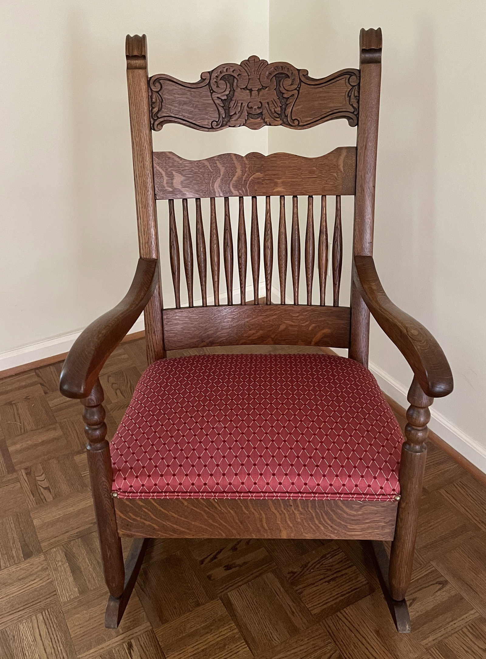 North Wind Face Wood Rocker: In Used but good Condition, measures 41 inches tall at the back x 24 inches wide at the arms x 33 inches deep, No In-House shipping on this lot