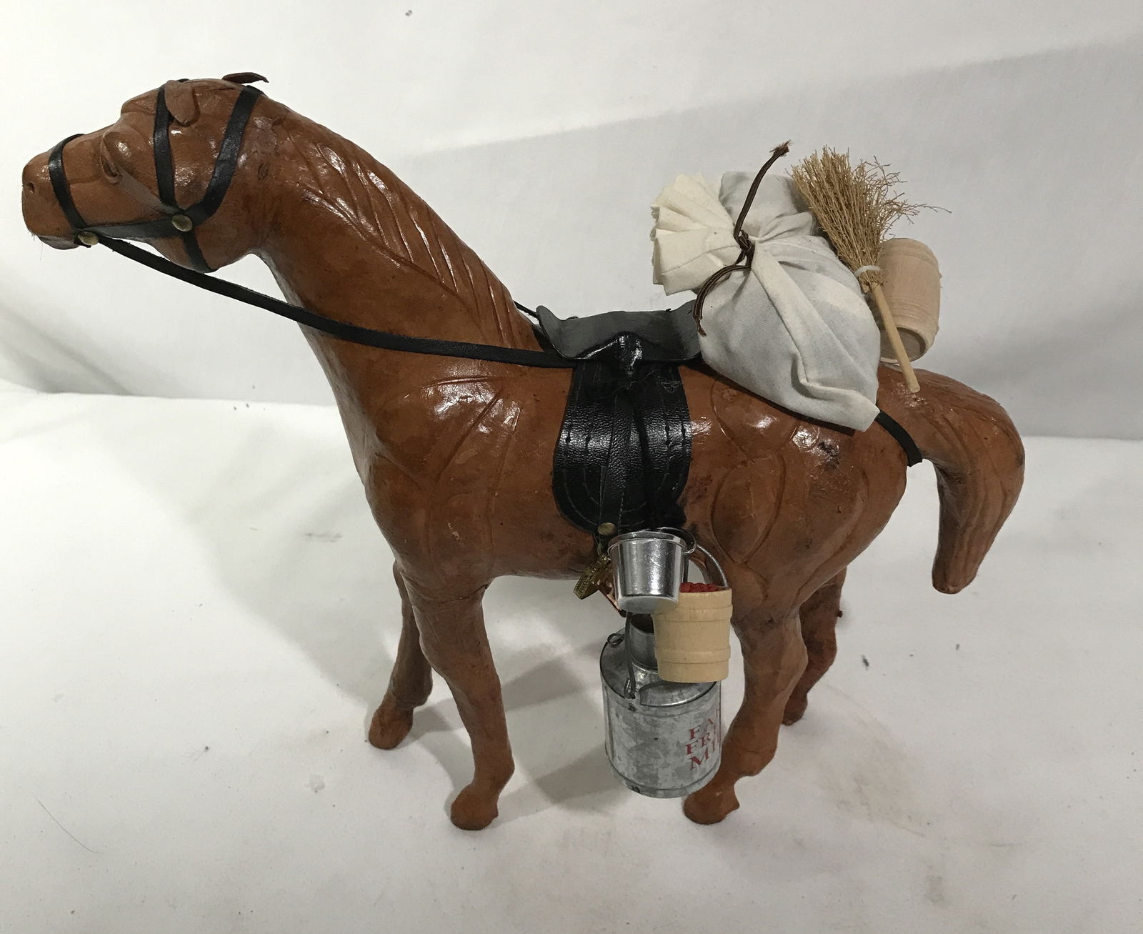 Vintage Wooden/Leather Horse Toy: Measures 14 inches by 13 inches by 4 inches