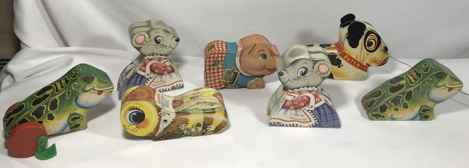 Vintage Fisher Price Pull Toys Litho on Wood: Includes jelly jumper, Merry mousewife, Buzzy Bee, Peter Pig & Butch the Dog