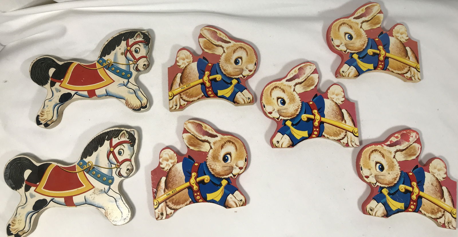 Vintage Fisher Price Litho on Wood Pull Toys: Bunny rabbits #401 (5) and Horses (2), One of the rabbits appears to be a mistake on back