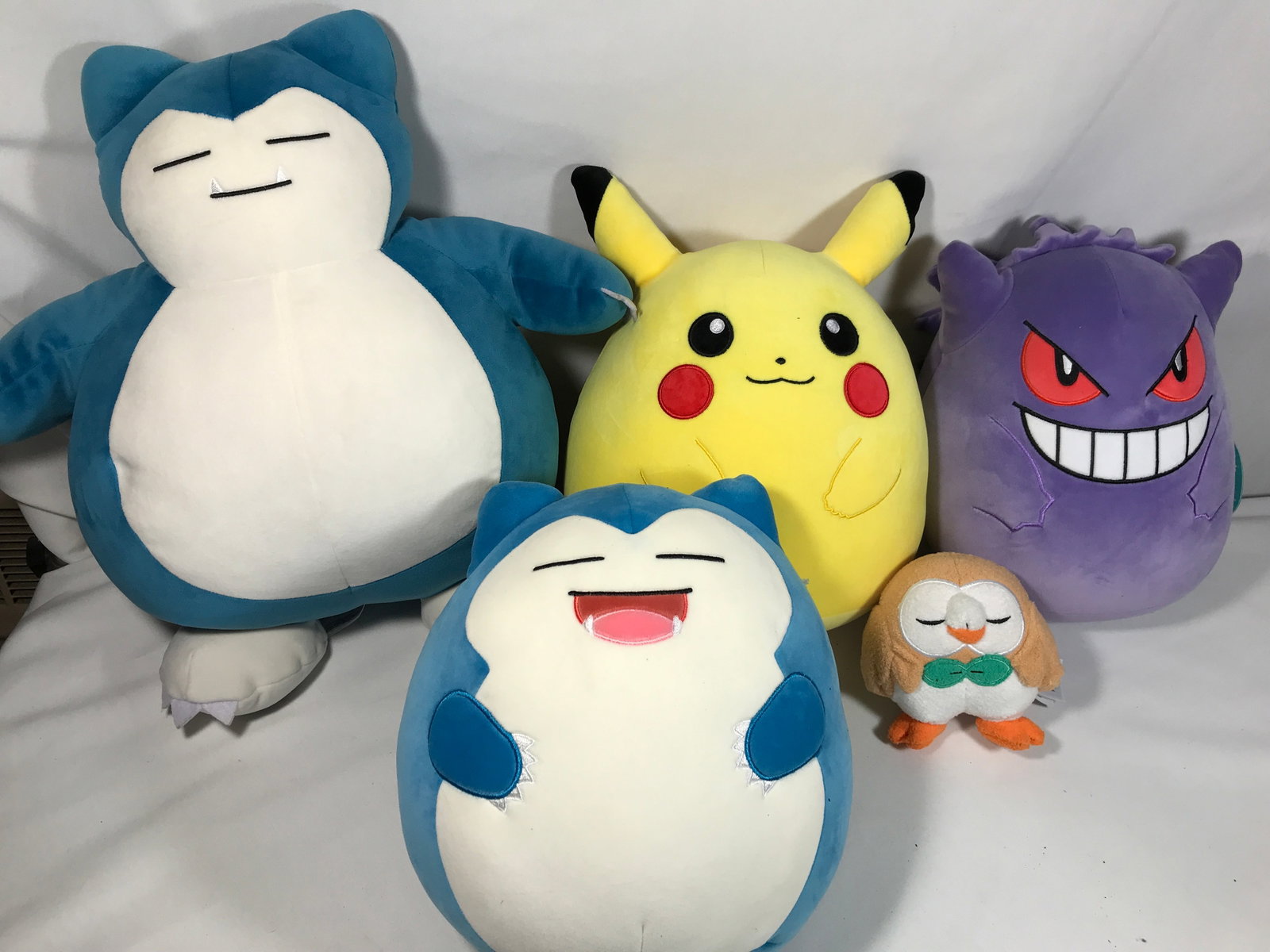 Pokémon Stuffed Toy Collection (5): 3 are Squishmallows, large blue guy measures Approximately 17 inches tall, Rowlet measures Approximately 5 1/2 inches tall