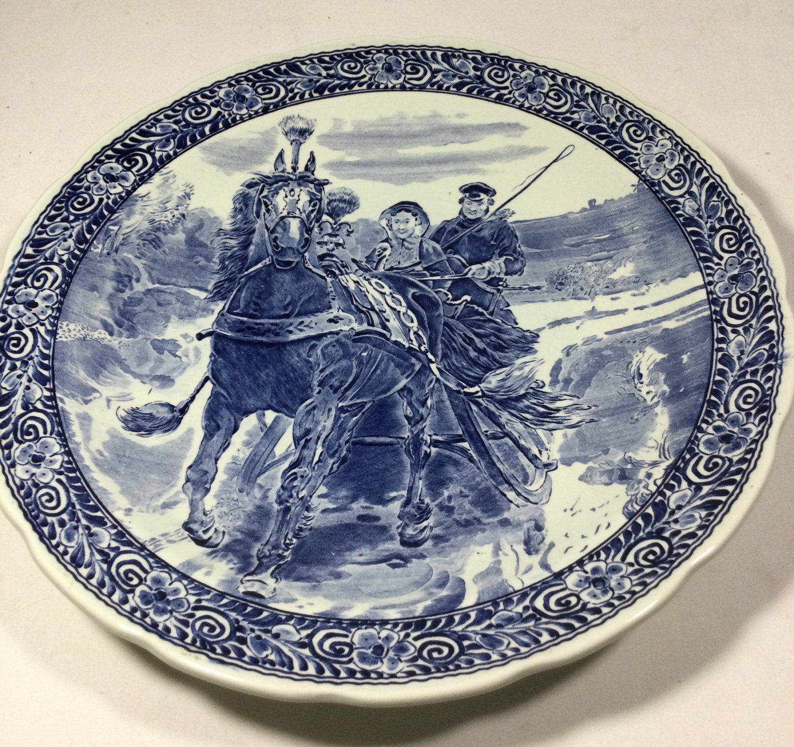 Large Plate Featuring Horse Drawn Carriage: wall hanging plate from Boch Belgium, measures 15 inches across