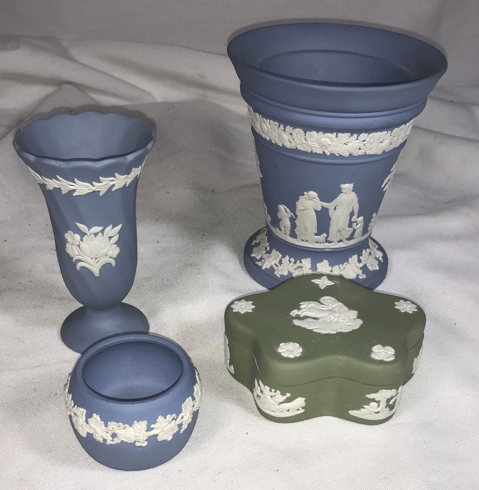 Wedgwood Collection: Candle holder, vase, plate, and jewelry ; box Vase: 2.75 inches wide by 4 inches tall, Vase: 4.5 inches wide by 5 inches tall, Candle holder: 2 inches wide by 1.5 inches tall, Jewelry Box: 3.5 inches
