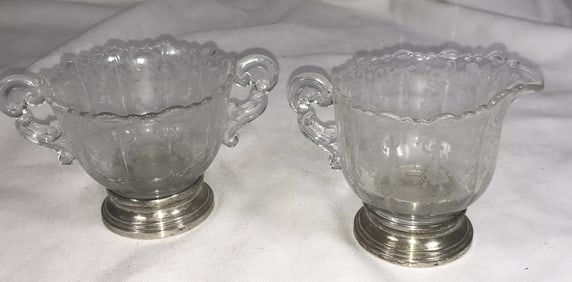 Sterling Base Cream & Sugar Etched Glass Pair