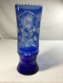 Bohemian Etched Glass Cobalt Blue Vase