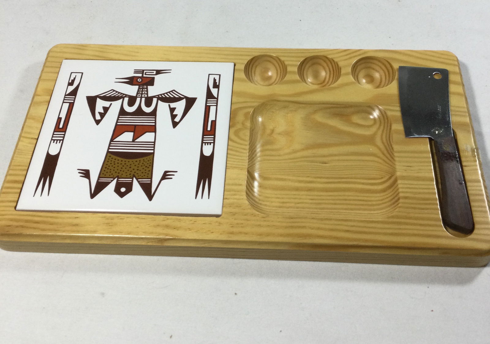Vintage Wood Cheeseboard w/ Inlaid Native Tile: inlaid Hopi native American cutting board tile ,also includes miniature cleaver, Measures 14 1/2 x 8 inches