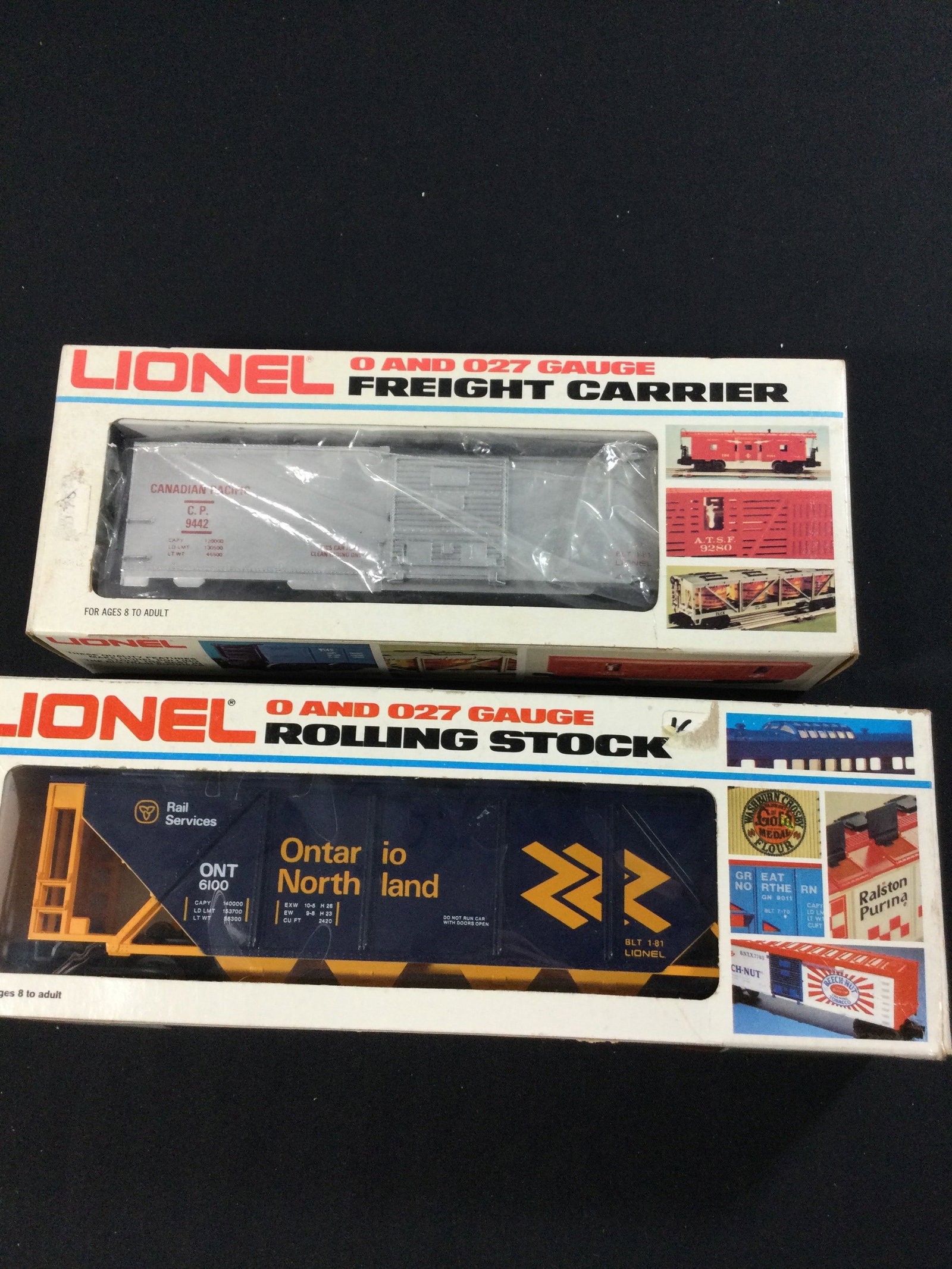 Lionel Boxcars O and O27 Gauge in org boxes: Includes 9442 Canadian Pacific Box Car & 6100 Ontario Northland Covered Hopper