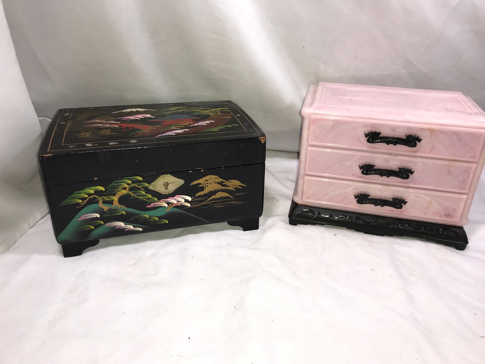 Vintage Jewelry Boxes - Both Oriental Themed: Pink box has dragon pulls, great for any stylish Lady!