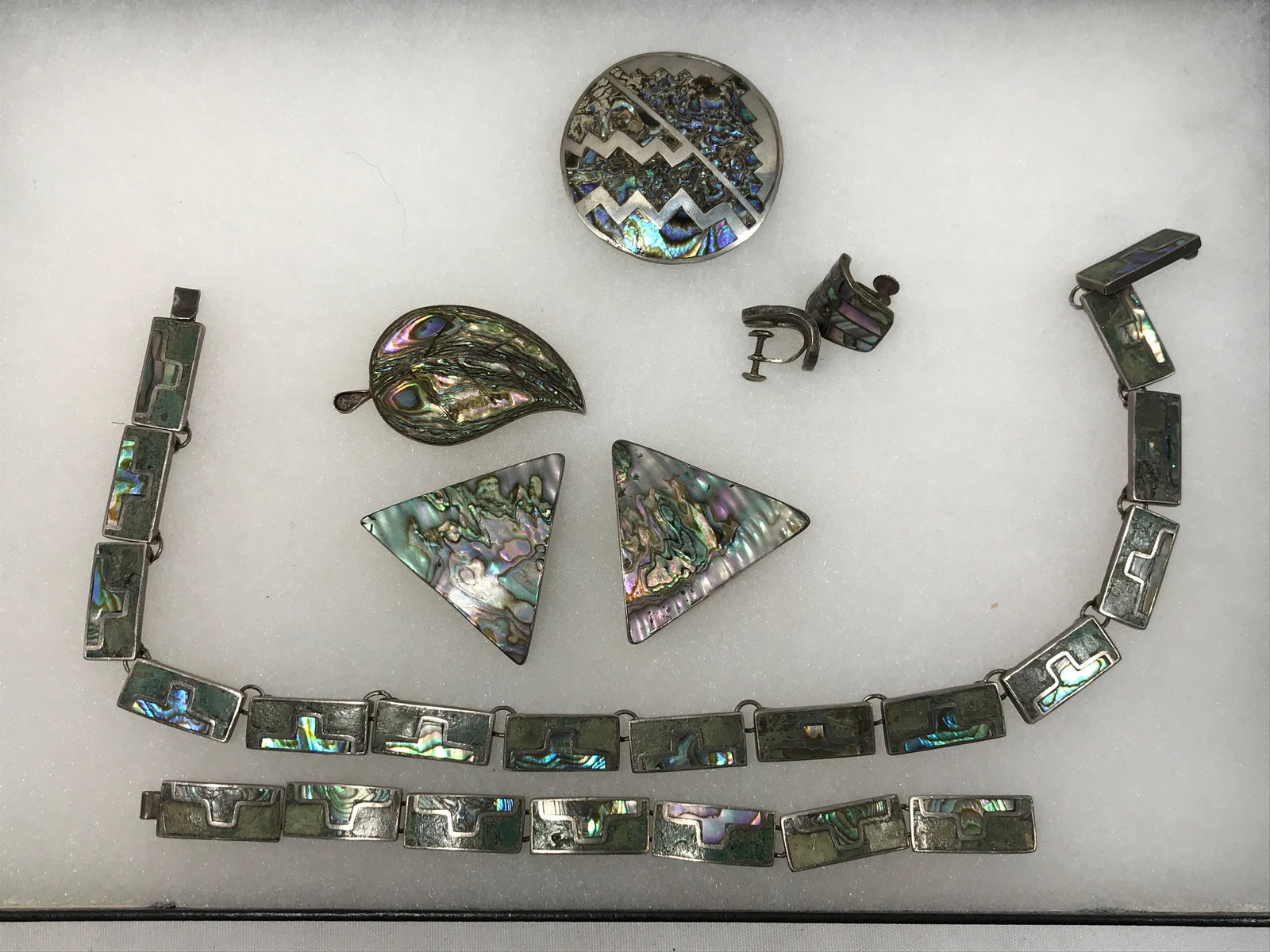 Sterling Abalone Set: Includes one necklace, Taxco earrings (2 pair), bracelet, Taxco leaf brooch, and Taxco pendant brooch