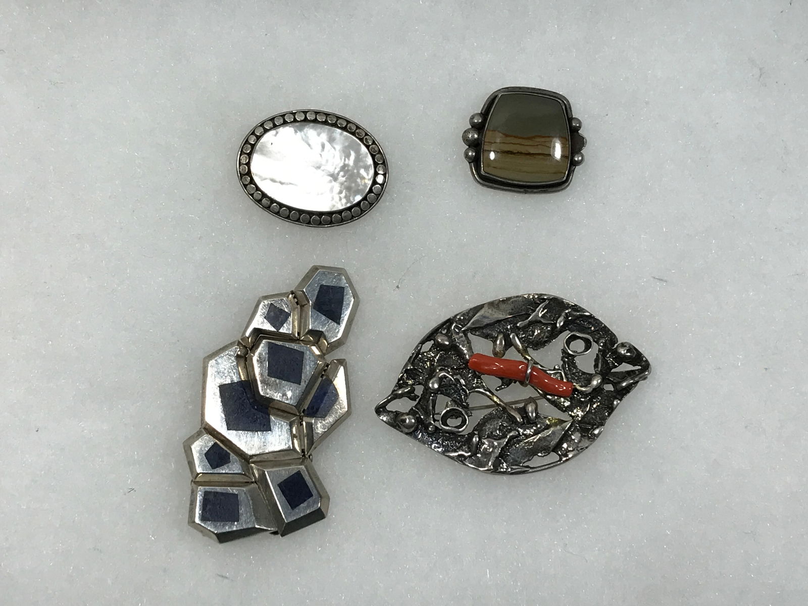 Sterling Pendant & Brooch Lot (4 total): Includes: white abalone 925, Lapis Taxco 925, Coral 925