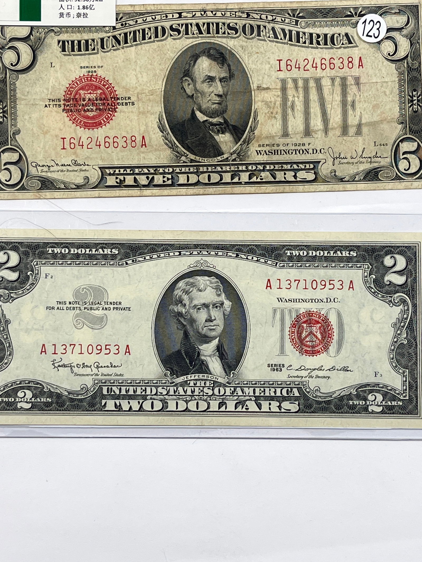 Red Seal 1928F $5 and 1963 $2: .