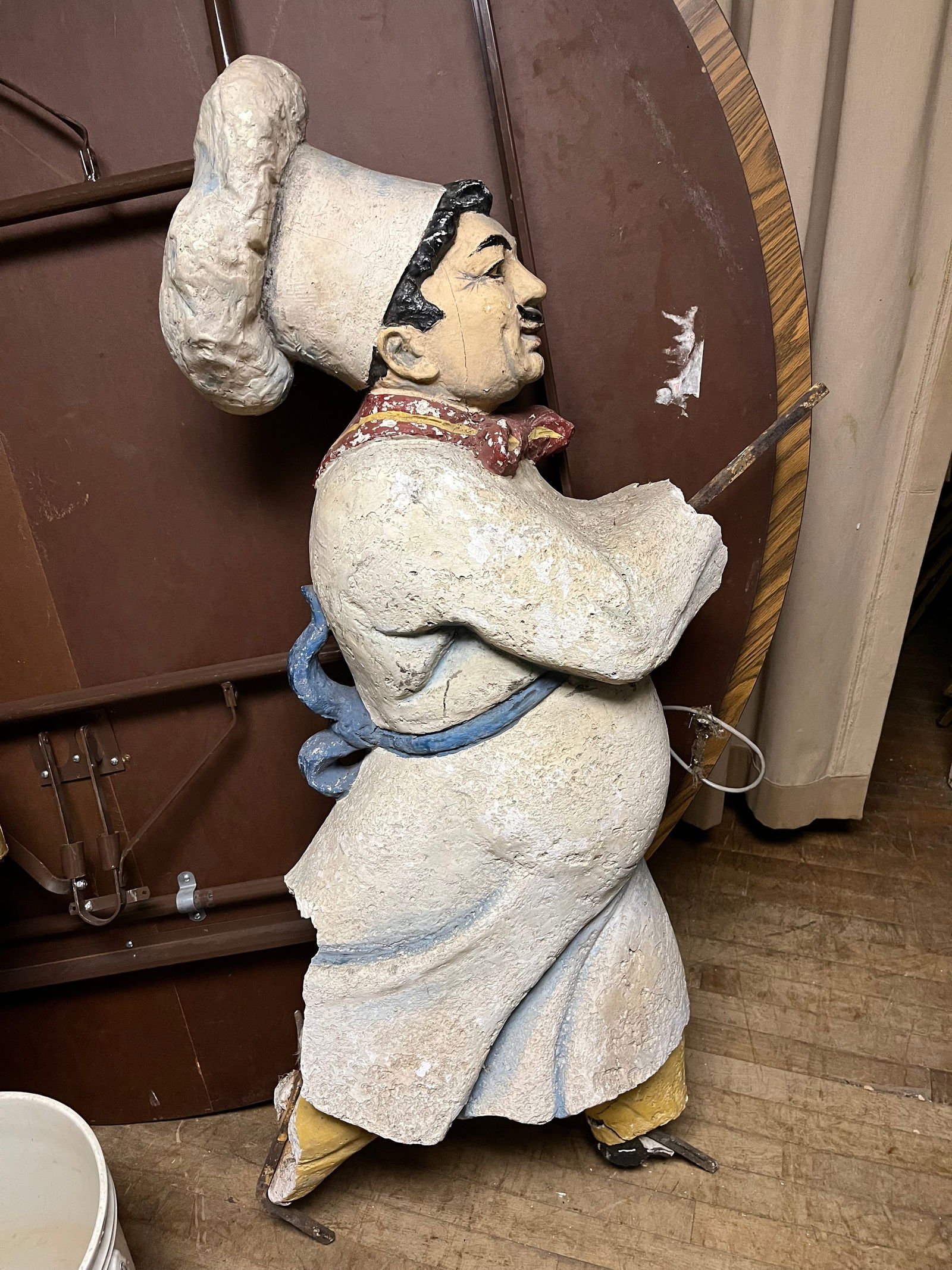 Large-Scale Advertising Chef Figure: This is a vintage large-scale advertising display figure depicting a chef or baker, likely used for storefront or outdoor signage. The figure is rendered in a stylized folk art manner, featuring a