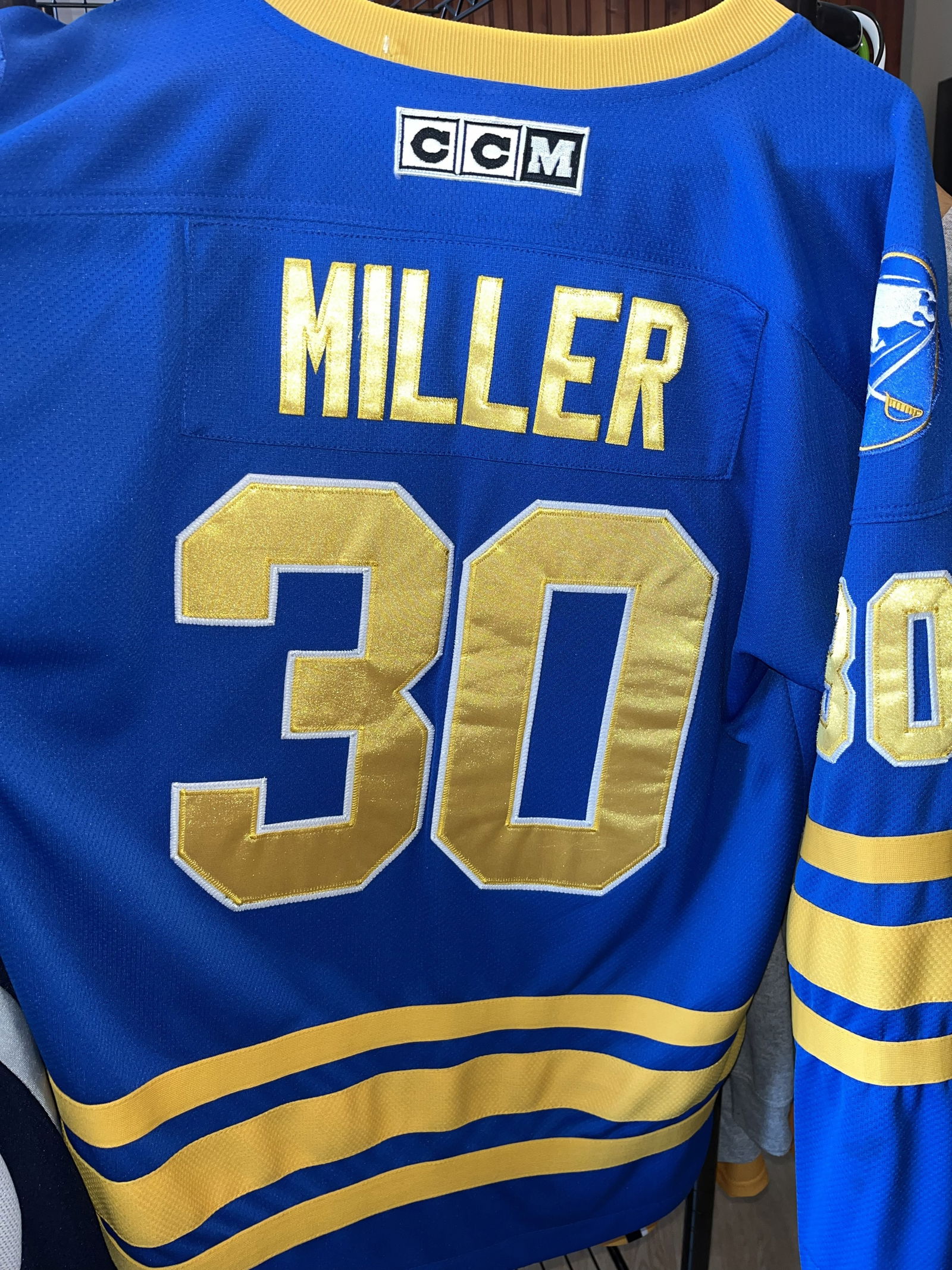 Vintage Ryan Miller Sabres V Neck Jersey CCM: Blue & Gold, No Size but appears to be a Large
