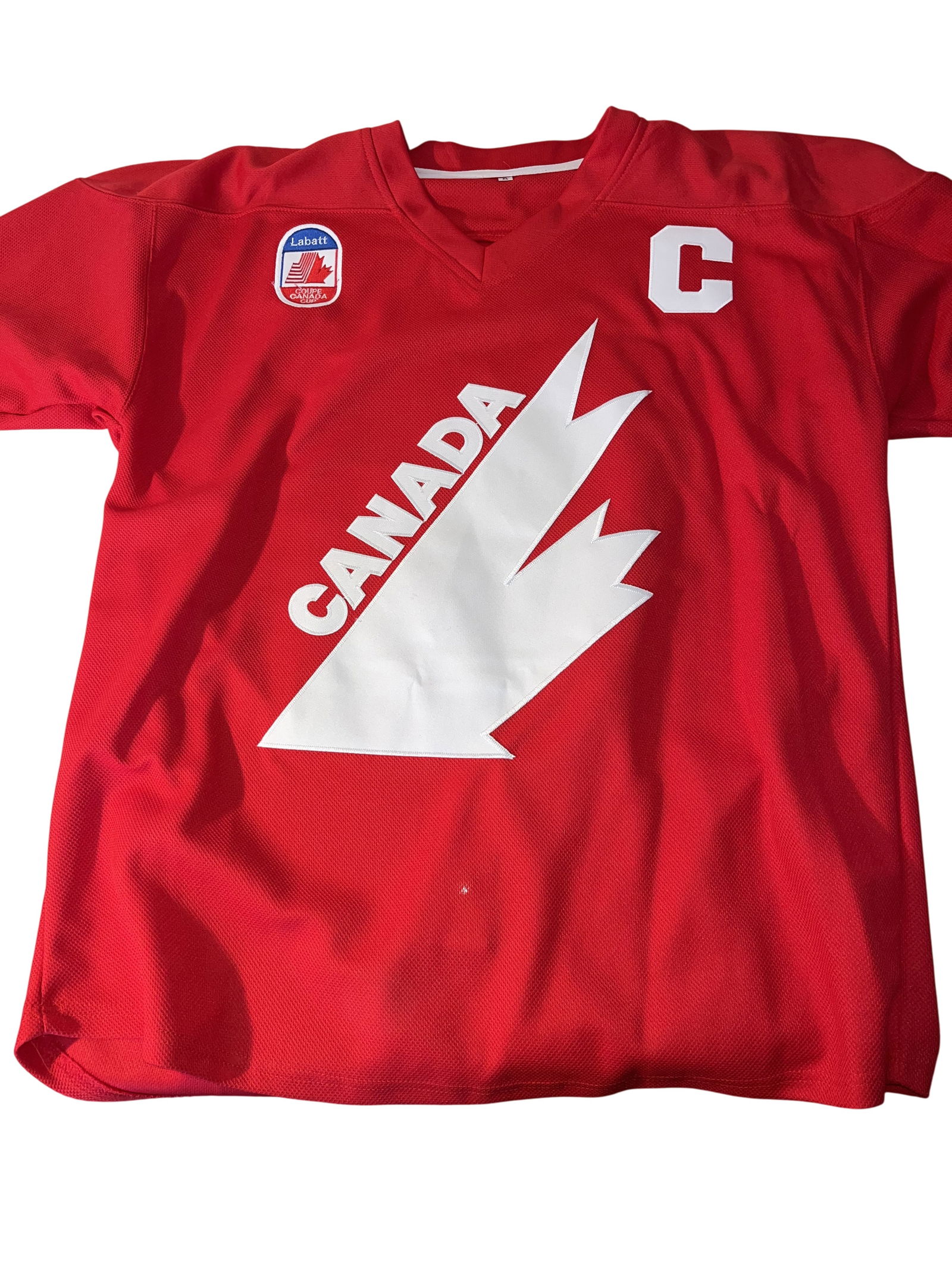 Wayne Gretzky #99 Team Canada 1987 Canada Cup Style Hockey Jersey XL: This is a red Team Canada hockey jersey styled after the 1987 Canada Cup tournament. The jersey features the name GRETZKY and the iconic number 99 on the reverse in white tackle twill. The front displ