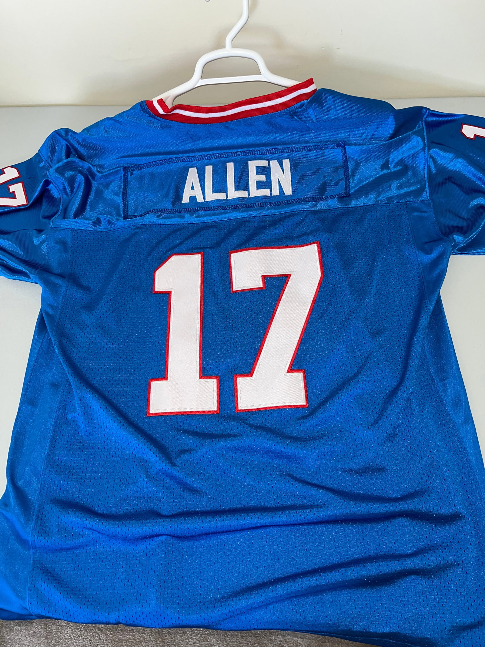 Josh Allen Buffalo Bills Custom Replica Jersey Large: Custom football jersey, unbranded, modern. Blue mesh and synthetic fabric featuring sewn-on nameplate