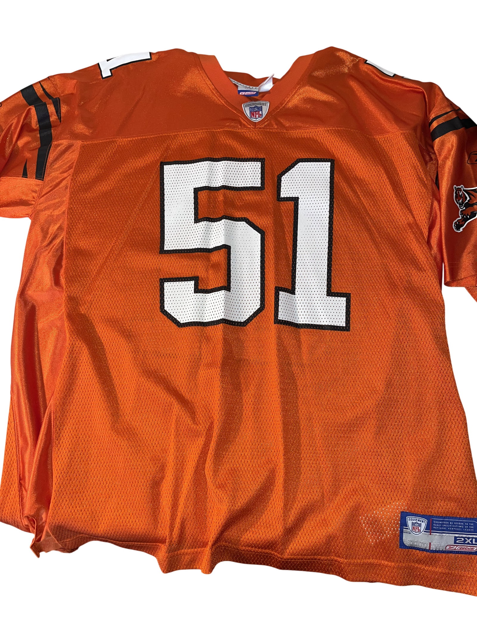 Takeo Spikes Cincinnati Bengals Reebok NFL Equipment Jersey 2XL: This is a Reebok NFL Equipment On Field replica jersey for linebacker Takeo Spikes of the Cincinnati Bengals. Spikes was a cornerstone of the Bengals defense from 1998 to 2002. The jersey is designed