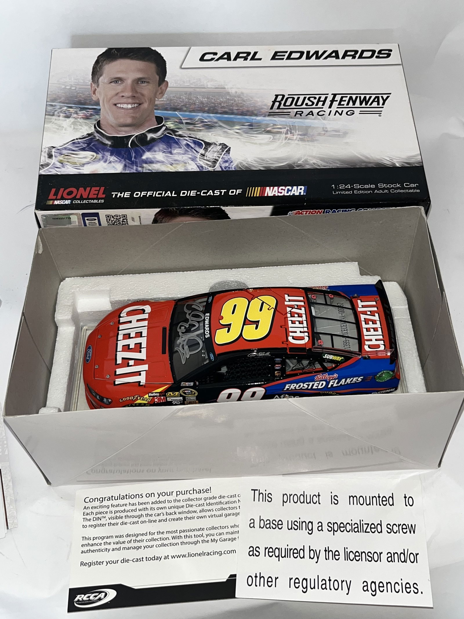 Lionel Action Racing Carl Edwards #99 Cheez-It 2013 Ford Fusion Stock Car: This is a limited-edition 1:24-scale model of the #99 Ford Fusion driven by Carl Edwards for Roush Fenway Racing during the 2013 NASCAR season. Manufactured by Lionel NASCAR Collectables under the Act