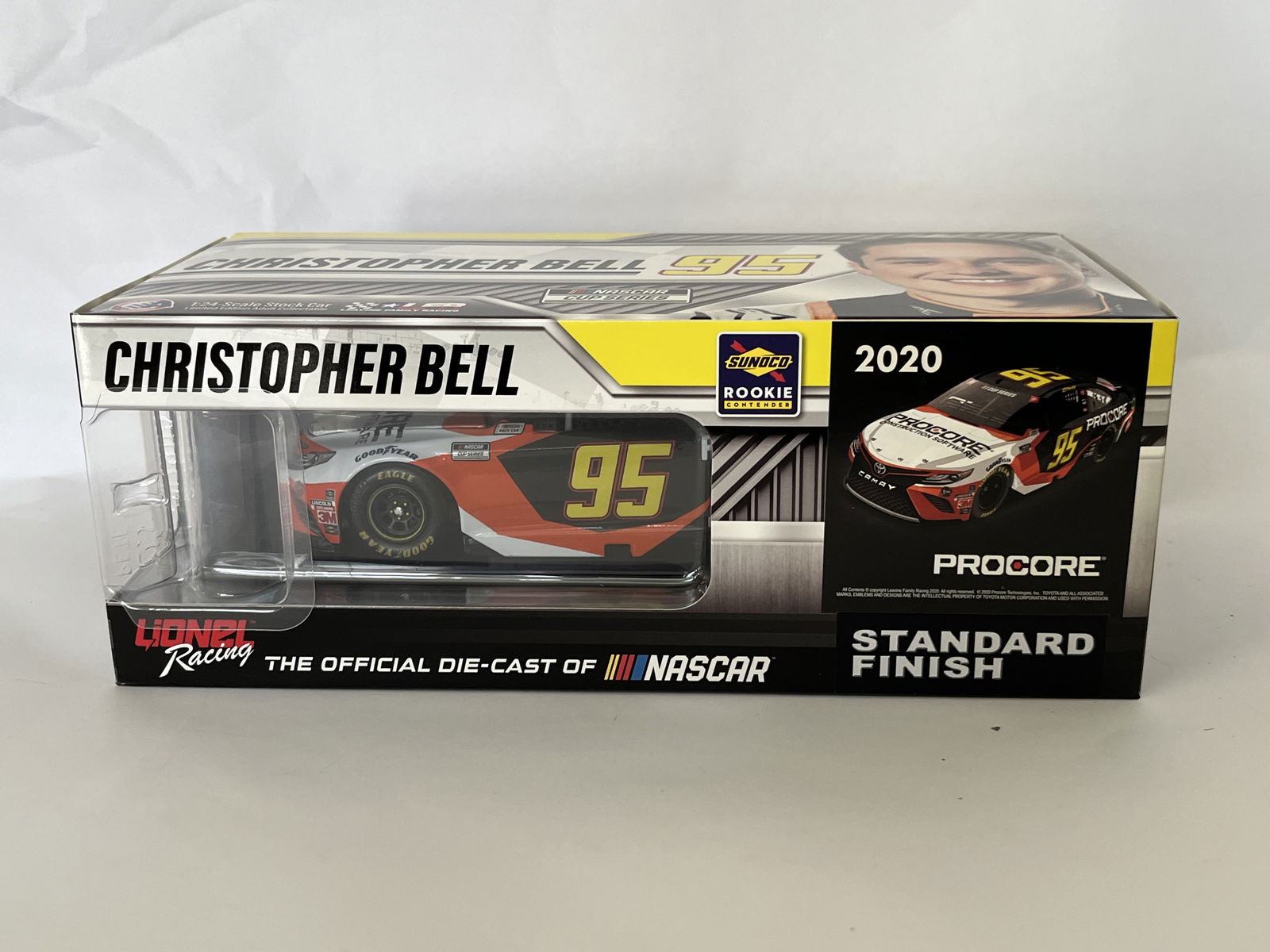 Lionel Racing Action Racing Collectables 1:24 Scale Christopher Bell #95 Procore Toyota Camry: This 1:24-scale die-cast model represents driver Christopher Bell’s #95 Procore Toyota Camry as campaigned during the 2020 NASCAR Cup Series. Manufactured by Lionel Racing under the Action Racing