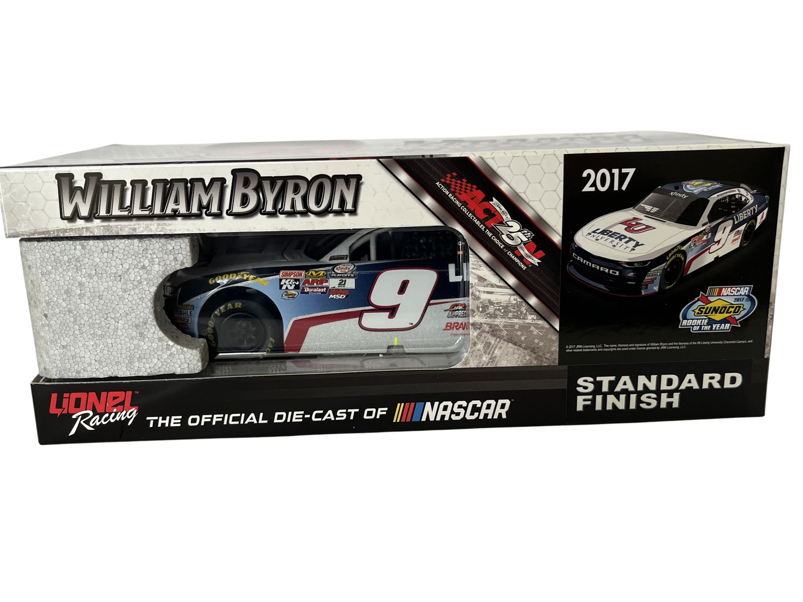 LIONEL RACING WILLIAM BYRON #9 LIBERTY UNIVERSITY 2017 CAMARO AUTOGRAPHED DIE-CAST CAR: This 1:24 scale die-cast model commemorates William Byron's 2017 NASCAR Xfinity Series Rookie of the Year season. Produced by Lionel Racing under the Action Racing Collectables (ARC) brand for JR Moto