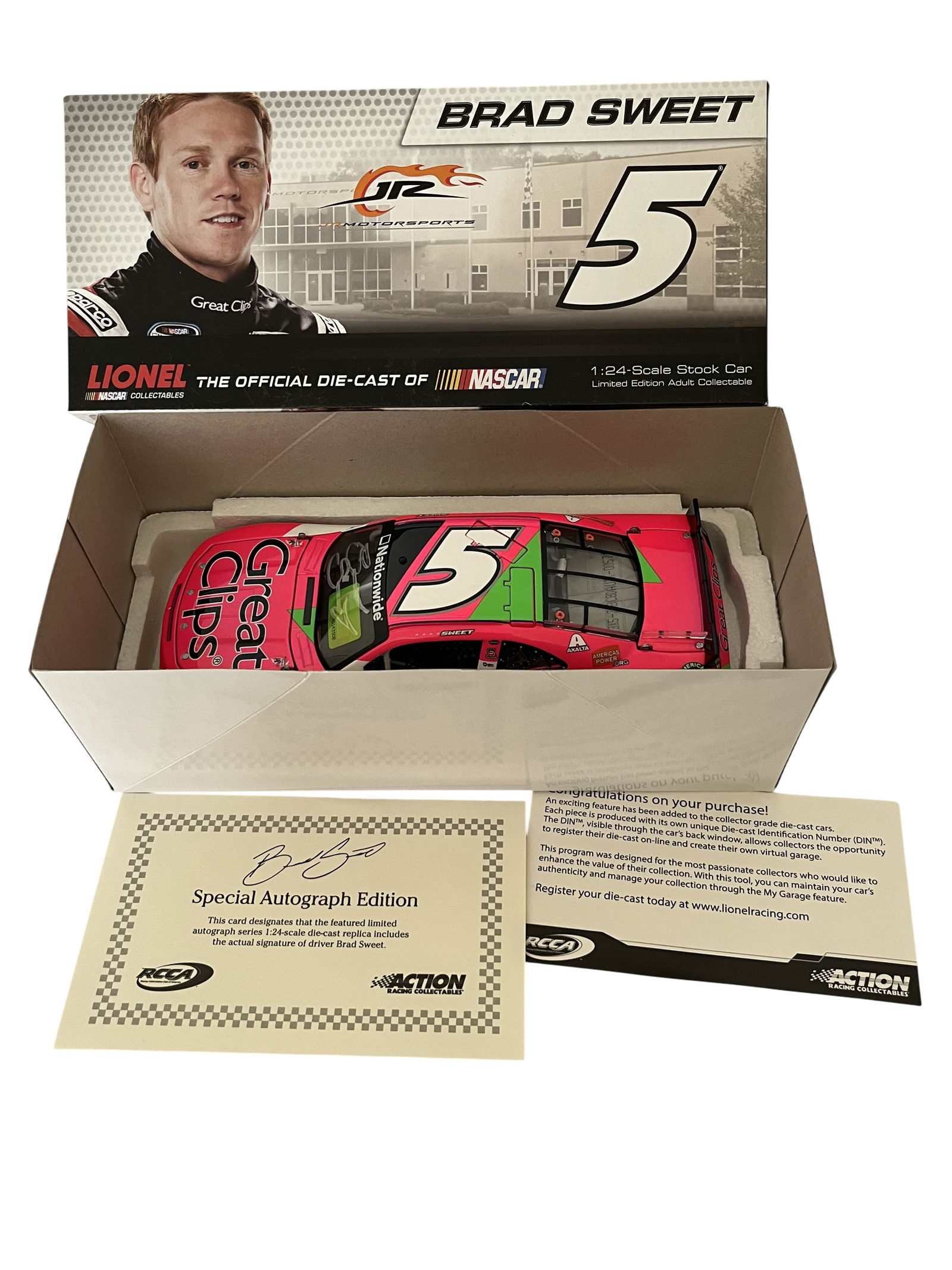 LIONEL ACTION RACING COLLECTABLES 1:24 SCALE DIE-CAST STOCK CAR, 2013, AUTOGRAPHED: Lionel NASCAR Collectables Action Racing Collectables Platinum Series 1:24 scale die-cast model of the Brad Sweet number 5 Great Clips Chevrolet Camaro. This 2013 NASCAR Nationwide Series replica feat