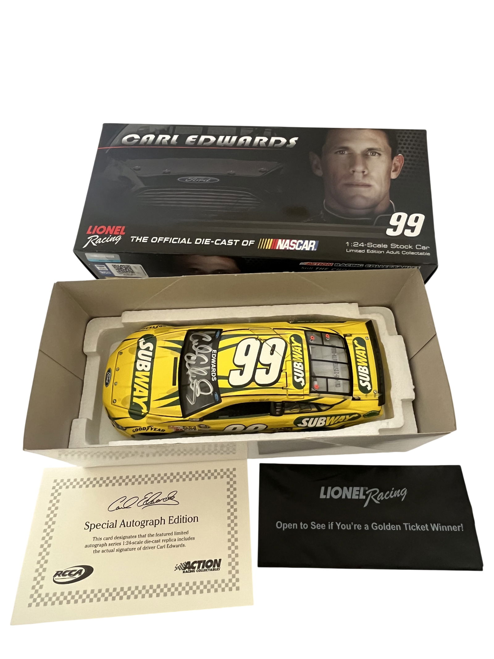 LIONEL RACING CARL EDWARDS #99 SUBWAY 2014 FORD FUSION AUTOGRAPHED: This Lionel Racing Platinum Series 1:24 scale model represents the #99 Subway Ford Fusion driven by Carl Edwards for Roush Fenway Racing during the 2014 NASCAR season. The front windshield is hand-sig